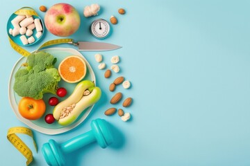 Weight loss concept. Top view photo of scales dumbbells vegetables fruits almonds cashew and tape measure on isolated pastel blue background with empty, Generative AI