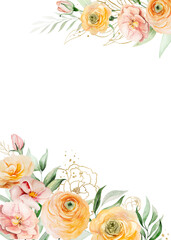 Border with orange and yellow watercolor flowers and green leaves, isolated wedding illustration