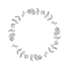 Grey and green watercolor eucalyptus frame. Spring and winter botanical illustration for wedding, greeting card, wreath. Silver dollar isolated on white background