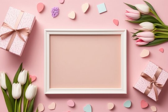 Mother's Day concept. Top view photo of photo frame present boxes with bows bunches of tulips envelope letter and sprinkles on isolated pastel pink background with empty, Generative AI