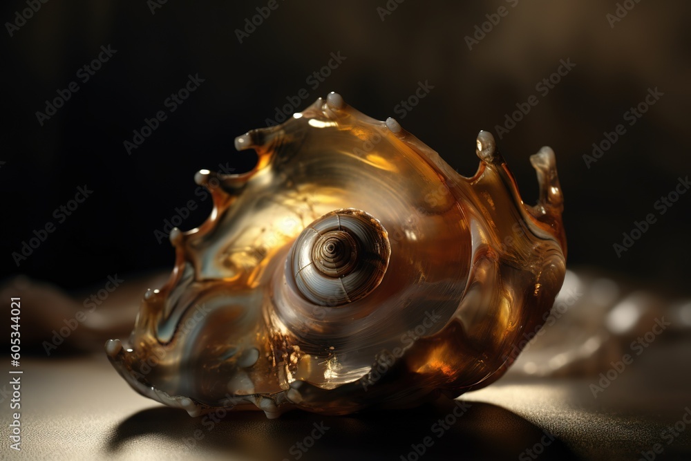 Poster a close-up shot of a shell that is sitting on a table. generative ai