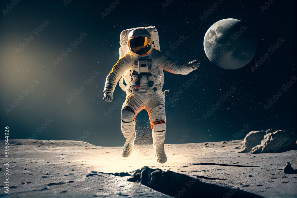 Aufkleber astronaut in space suit running on dark background. generative ai