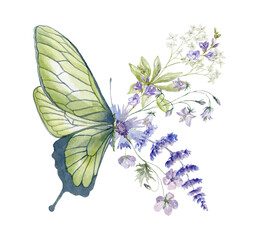 Watercolor Bouquet with Wildflowers and Butterfly. Design for Card on the white Background.