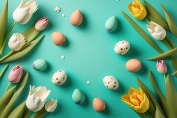 Fototapeta na wymiar Easter concept. Top view photo of ceramic easter bunny quail eggs and colorful tulips on isolated turquoise background with copyspace in the middle, Generative AI