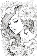 Outline pencil drawing, a girl  with a flower wreath on his head, coloring page, cartoon digital illustration