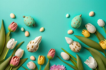 Fototapeta na wymiar Easter concept. Top view photo of ceramic easter bunny quail eggs and colorful tulips on isolated turquoise background with copyspace in the middle, Generative AI