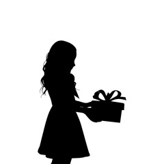 Vector illustration. Silhouette of a girl with a gift in her hand. Birthday.
