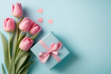 Mother's Day decorations concept. Top view photo of bunch of pink tulips small blue giftbox with ribbon bow and heart shaped sprinkles on isolated pastel blue background with, Generative AI