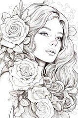 Fototapeta premium Outline pencil drawing, a girl with a flower wreath on his head, coloring page, cartoon digital illustration
