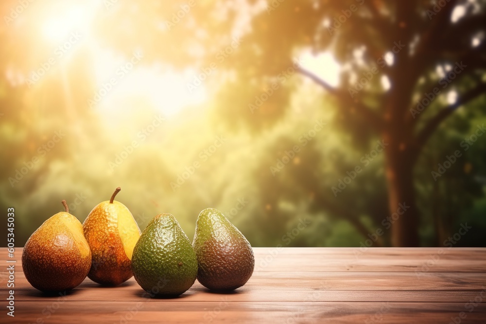Poster a collection of fruit displayed on top of a table made of wood generative ai
