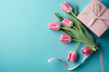 Mother's Day decorations concept. Top view photo of bunch of pink tulips small blue giftbox with ribbon bow and heart shaped sprinkles on isolated pastel blue background with, Generative AI