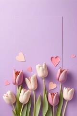Spring mood concept. Top view vertical photo of fresh flowers colorful tulips on isolated pastel pink background with copyspace in the middle, Generative AI