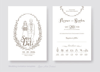 Wedding Invitation, save the date card template and wedding ceremony timeline icon. Happy bride and groom. line art style 