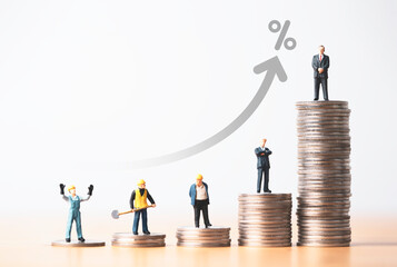Miniature different career include technician , Chief , Engineer, and Manager  standing on various height coins stacking with up arrow and percentage , Inequality income and salary concept.