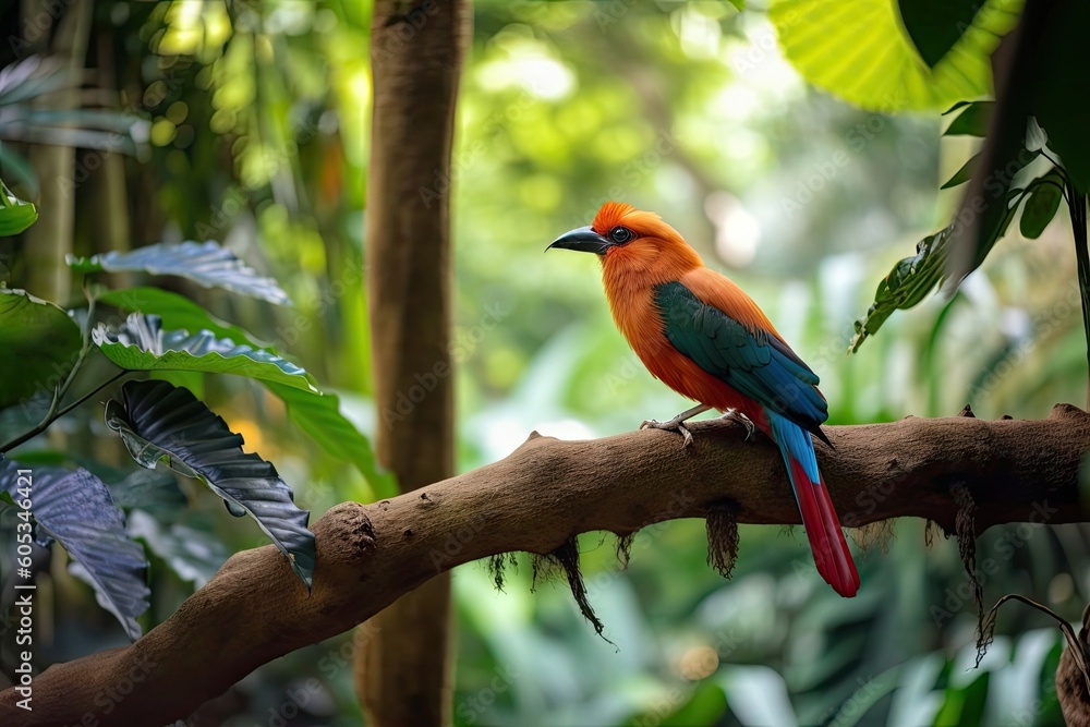 Wall mural exotic bird perched on tree branch with view of tropical garden, created with generative ai - Wall murals