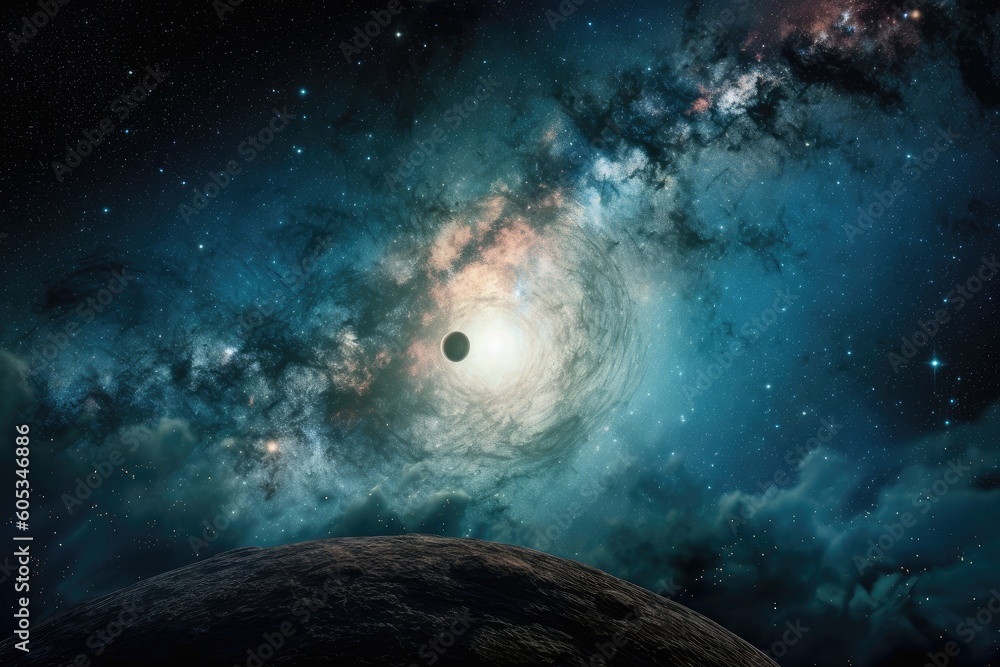 Sticker galaxy surrounded by nebula, with planet and stars in the background, created with generative ai