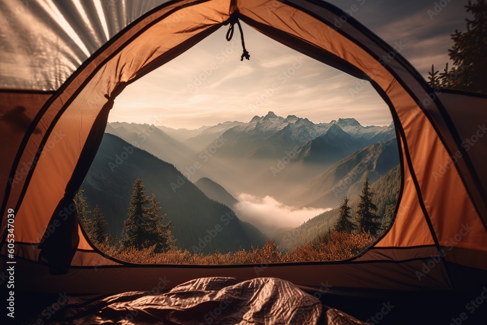 Poster a canvas shelter that overlooks a mountain range generative ai