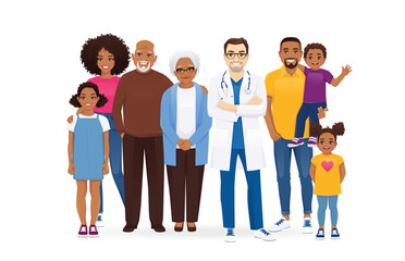 Fototapeta premium Male doctor with big African-American family vector illustration. Mother, father, daughter, son, grandfather, grandmother standing together isolated