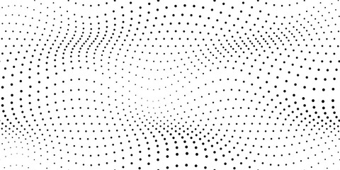 Polka dots halftone wavy seamless pattern. Abstract graphic vector background with poka circles. Wallpaper with monochrome particles. Modern simple geometric pop art backdrop. Optical illusion