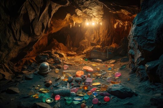 treasure hidden in remote cave, filled with coins, gems and jewels, created with generative ai