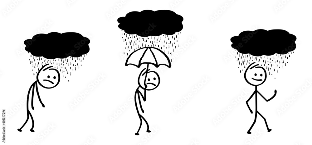 Sticker cartoon stickman stick figure man walking in the rain, storm or fair weather. under storm cloud, for