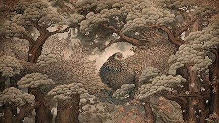 Japanese traditional Ukiyoe design of a cherry blossom tree in a brown mountainous landscape with a dynamic and retro look Abstract, Elegant and Modern AI-generated illustration