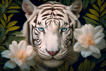 Glamour portrait of a beautiful white bengal tiger with a blue eyes.AI generated.