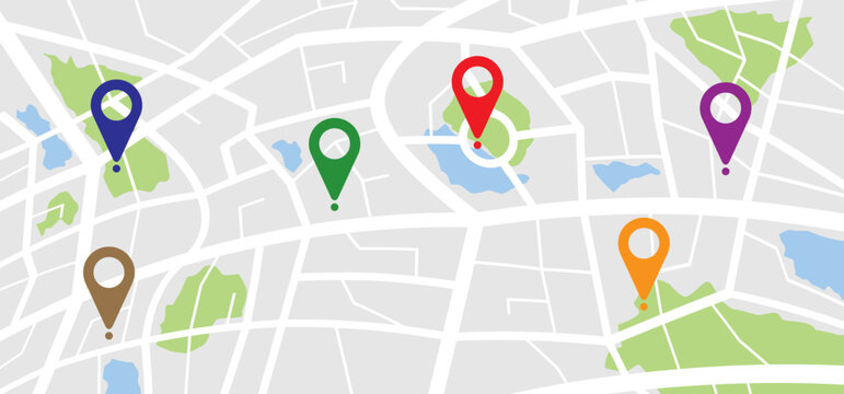 Cartoon map with pin pointers icon. Navigation or navigator, maps, road, direction arrow. Pins points mark. Pointer or point trekking route. track en trace city, street map. Markers, map locator idea.