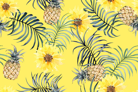 Seamless pattern pineapple, sunflower and palm leaves with watercolor.Summer colorful hand drawn tropical fruit  pattern.For fabric luxurious and wallpaper, vintage style.Cute and bright flower aloha 