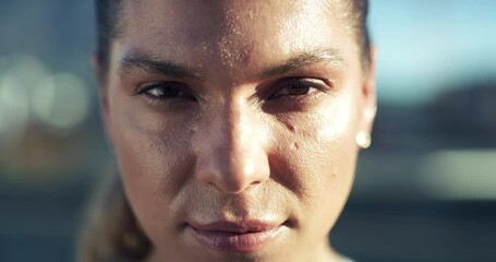 Face, breathing or serious woman in city with fitness, determined mindset or ready for a workout. Runner closeup, exercise training or female sports athlete portrait with motivation for running