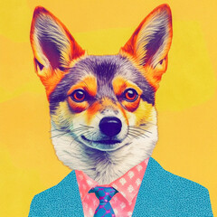 Risograph print style with antrophomorfic dog, pop art style illustration, Generative AI