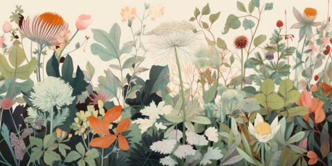 Artful illustration of diversity of plants and flowers, colorful meadow, Generative AI