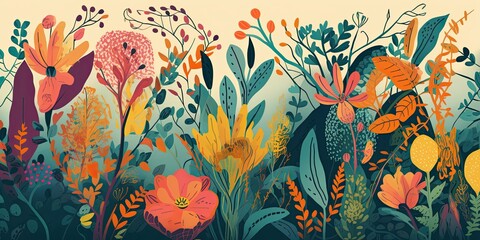 Artful illustration of diversity of plants and flowers, colorful meadow, Generative AI