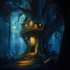 Fairy tree house with glowing windows in dark fantasy forest. Gigantic tree in enchanted woodland. Generative AI - 605348641