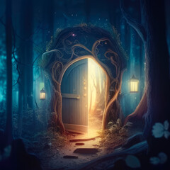 Fantasy door with light in dark enchanted fairy tale forest. Generative AI