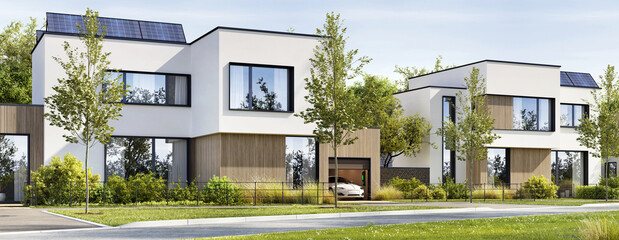 Fototapeta na wymiar Street of new modern houses with solar panels and electric car