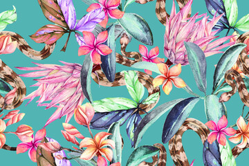 Seamless pattern of plumeria,botanical and snake painted in watercolor.Designed for fabric luxurious and wallpaper, vintage style.Botanical aloha pattern background. Blooming flowers for summer. © joy8046