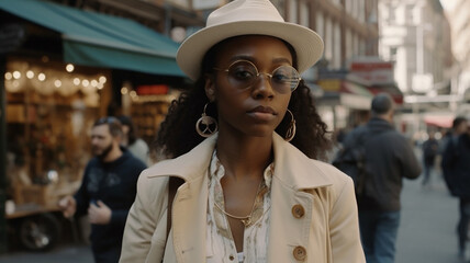 Brunette girl posing on the street with natural light and calm face 