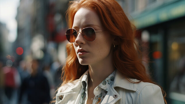 Red-haired girl posing on the street in natural light with a calm face and looking into the distance with her beautiful face and a nose piercing and sunglasses