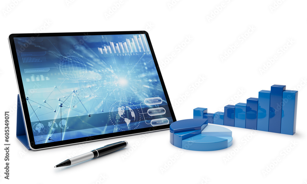 Poster 3d blue graphs and financial infographics on tablet computer screen. 3d rendering. business analysis