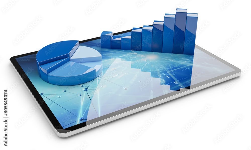 Fototapete Business bar graph and pie chart on tablet pc isolated on white background. 3d rendering. Stock trading or financial analysis concept.