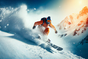 Snowboarder in mountains. Extreme winter sport. Generative AI