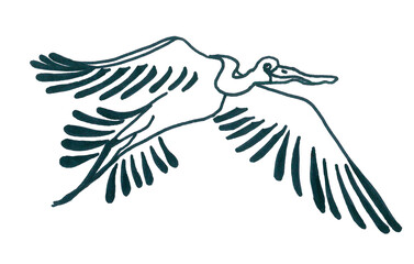 Cartoon silhouette of a willow stork with a large beak. Isolated black-and-white image of an exotic bird with wings spread out in an arc. A cozy digital illustration for the World Migratory Bird Day.