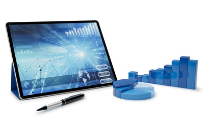 3D blue graphs and financial infographics on tablet computer screen. 3D rendering. Business analysis or financial planning concept. - 605349071