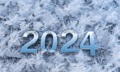 Background for a New Year's card, symbols of 2024 covered with frost among frost crystals and snow