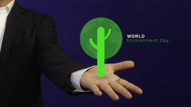 Businessman showing virtual tree icon. Net zero greenhouse gas emissions target. Climate neutral long term strategy. Ecological, renewable energy and world environment day concept
