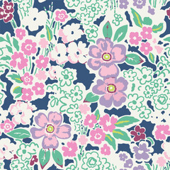 Stylish, delicate, romantic, fashionable pattern with small elements of plants on a dark blue background. Seamless vector. A variety of pink and light flowers with green leaves.