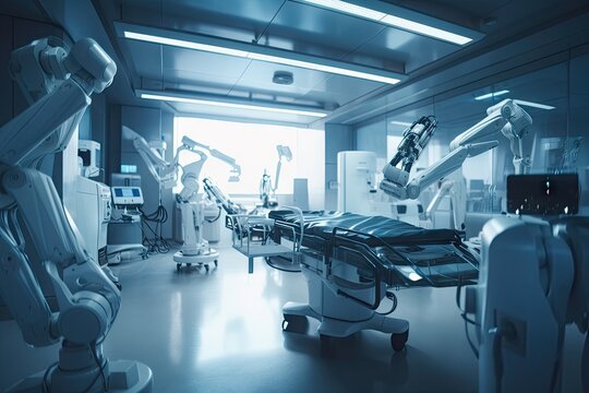 medical-robot carrying out complicated surgical procedure, with other medical robots assisting, created with generative ai