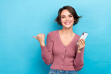 Photo of sweet confident lady wear pink cardigan chatting twitter telegram facebook thumb empty...