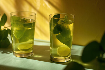 Refreshing lemonade drink in crystal glasses. Summer day. Generative ai
